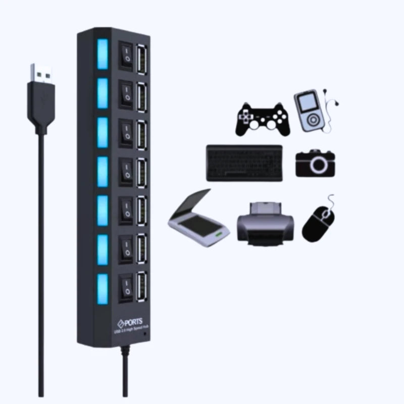 Hub De Usb 7 Portas 2.0 Extensor ultra rápido com Botão Liga/Desliga Conversor Expansor Para Pc Computador