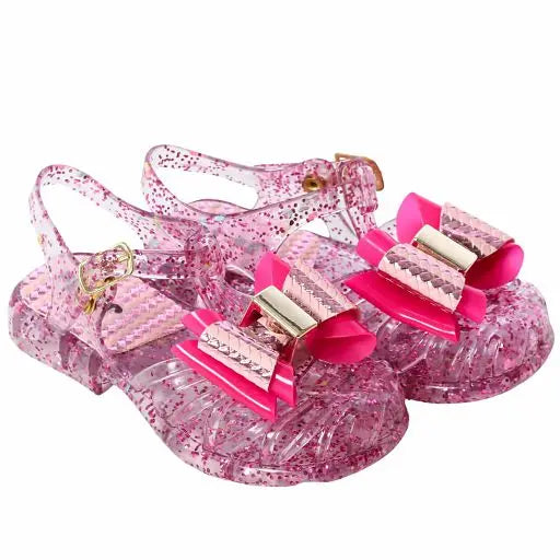 Sandália verão laço pink menina rosa glitter holográfico metalizado infantil bebê juju shoes