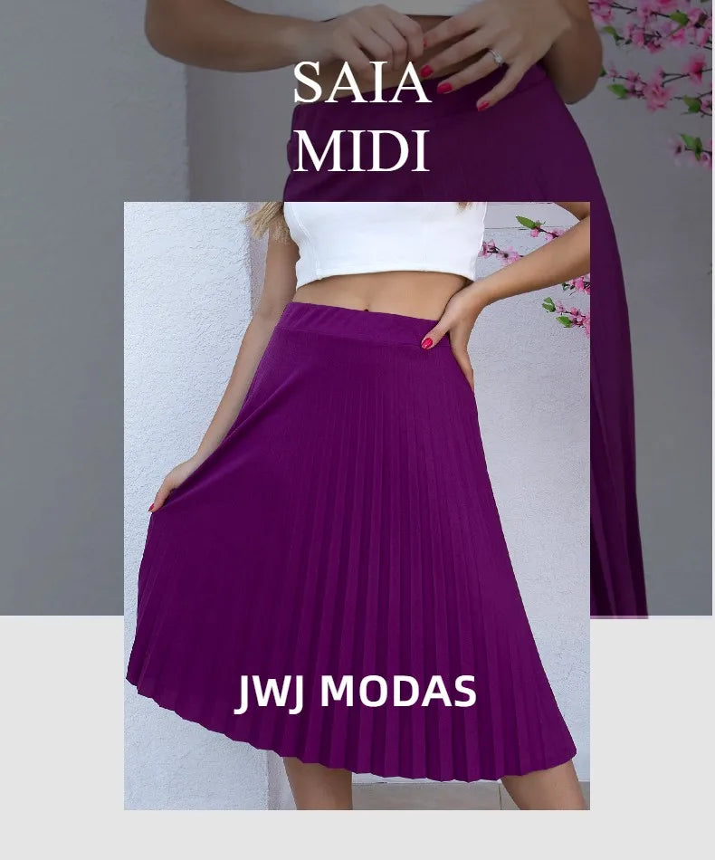 Moda feminina plissada Evangelica elegante saia midi de cintura alta com forro no mesmo tecido da saia