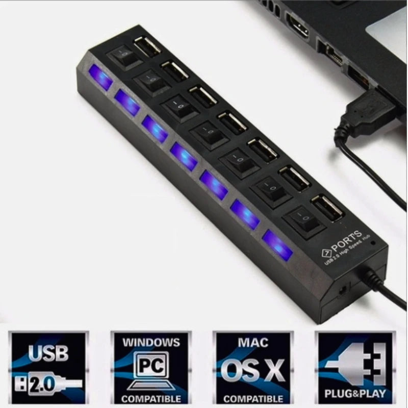 Hub De Usb 7 Portas 2.0 Extensor ultra rápido com Botão Liga/Desliga Conversor Expansor Para Pc Computador