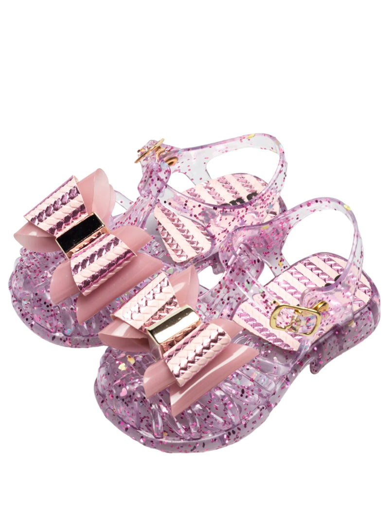 Sandália verão laço pink menina rosa glitter holográfico metalizado infantil bebê juju shoes