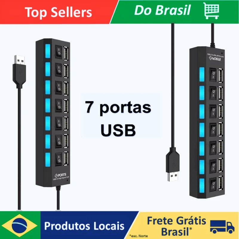 Hub De Usb 7 Portas 2.0 Extensor ultra rápido com Botão Liga/Desliga Conversor Expansor Para Pc Computador