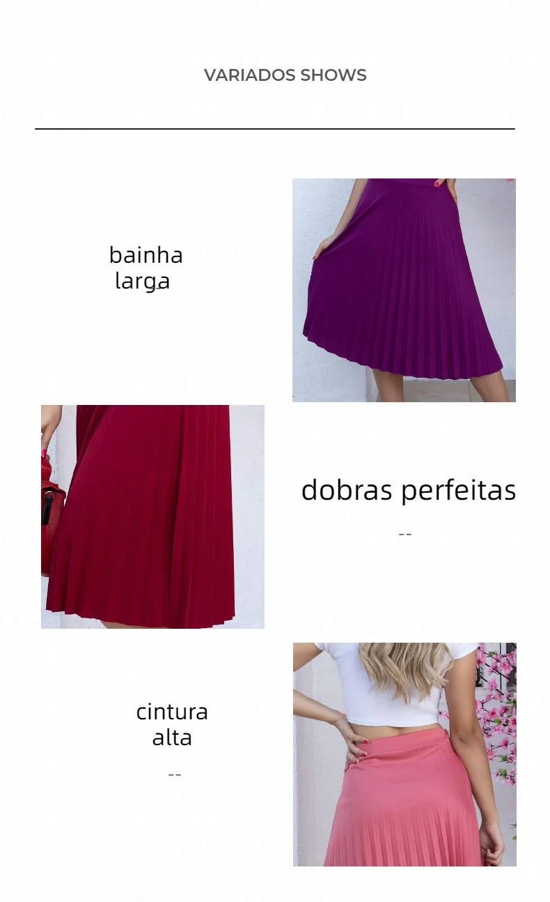 Moda feminina plissada Evangelica elegante saia midi de cintura alta com forro no mesmo tecido da saia