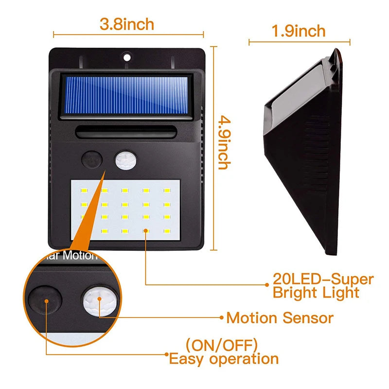 Luminária solar com sensor de presença automático 20LED Iluminação eficiente ao ar livre Entrada de jardim Segurança de garagem