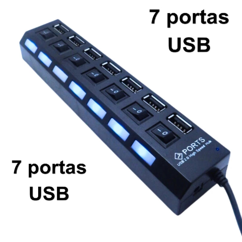 Hub De Usb 7 Portas 2.0 Extensor ultra rápido com Botão Liga/Desliga Conversor Expansor Para Pc Computador