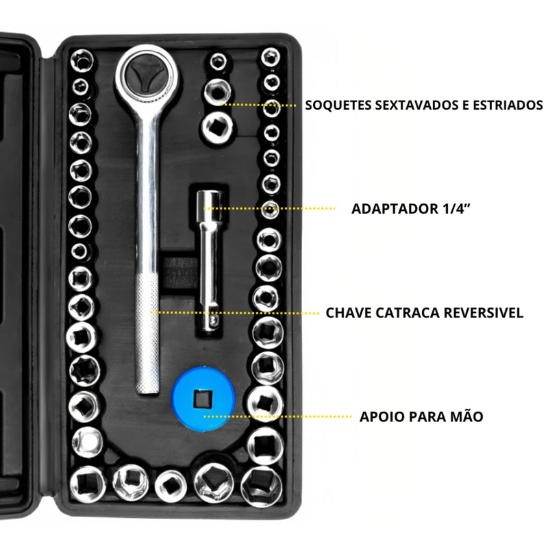 Kit de 40 Peças Chave Catraca Reversível Jogo de Soquete 1/4